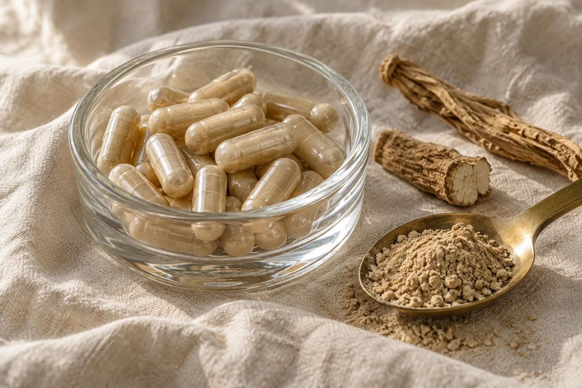 Gélules translucides beige et cuillère en laiton remplie de poudre de racine dans une coupelle en verre