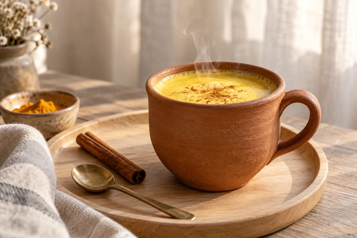 Tasse en terre cuite de lait chaud doré sur un plateau en bois avec un bâton de cannelle