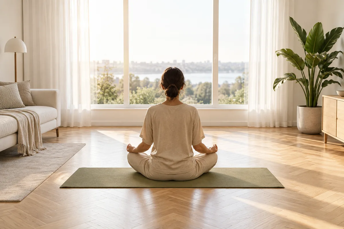 Personne assise en tailleur de dos sur un tapis de yoga face à une fenêtre lumineuse