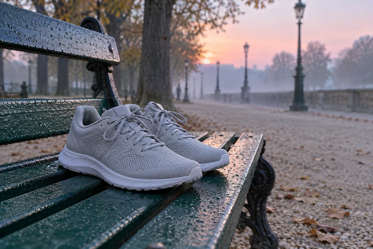 Paire de chaussures de course posée sur un banc de parc parisien à l’aube, allée vide en arrière-plan