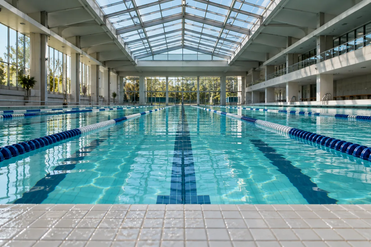 Bord de piscine couverte déserte, lignes d’eau tendues sous une lumière zénithale
