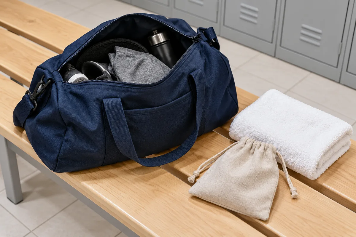Sac de sport ouvert sur un banc de vestiaire avec une serviette éponge pliée et une pochette en tissu uni