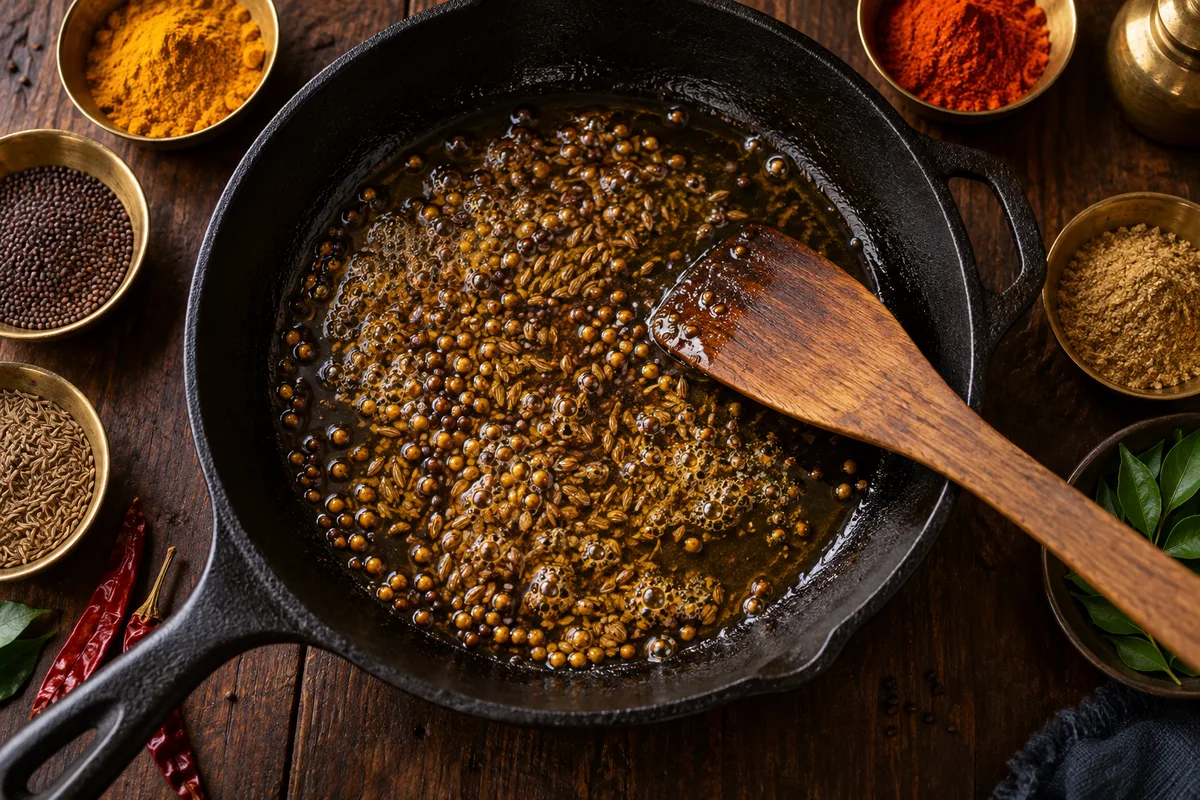 Poêle en fonte où des graines de cumin et de moutarde dorent dans du ghee, coupelles d&rsquo;épices en laiton autour