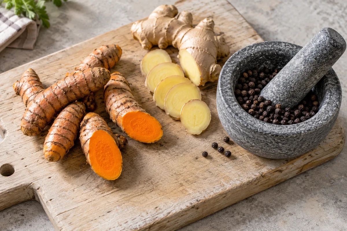 Racines de curcuma frais et de gingembre tranchées sur une planche en bois, mortier rempli de grains de poivre noir