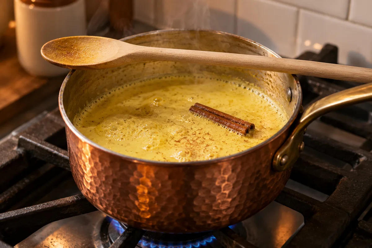 Petite casserole en cuivre où frémit un lait jaune doré, cuillère en bois posée en travers