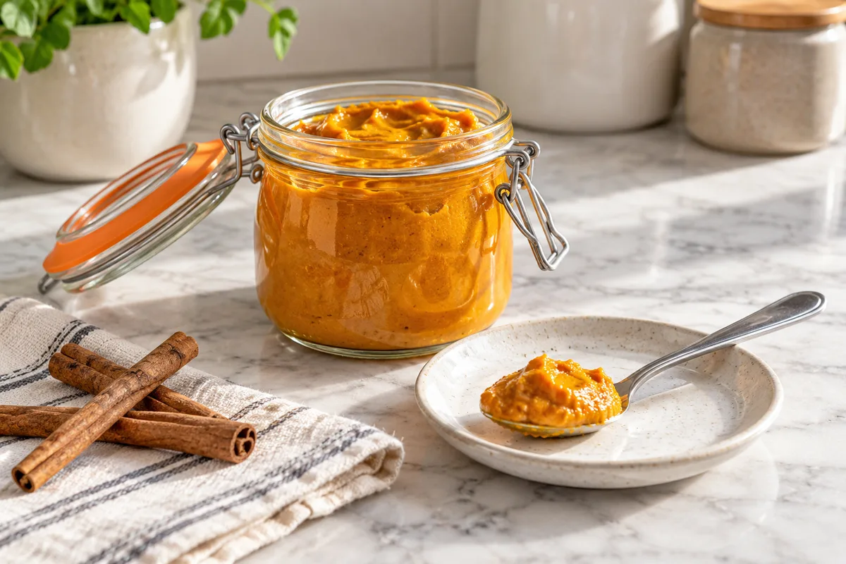 Bocal en verre transparent rempli de pâte de curcuma orange, cuillère et bâtons de cannelle posés à côté