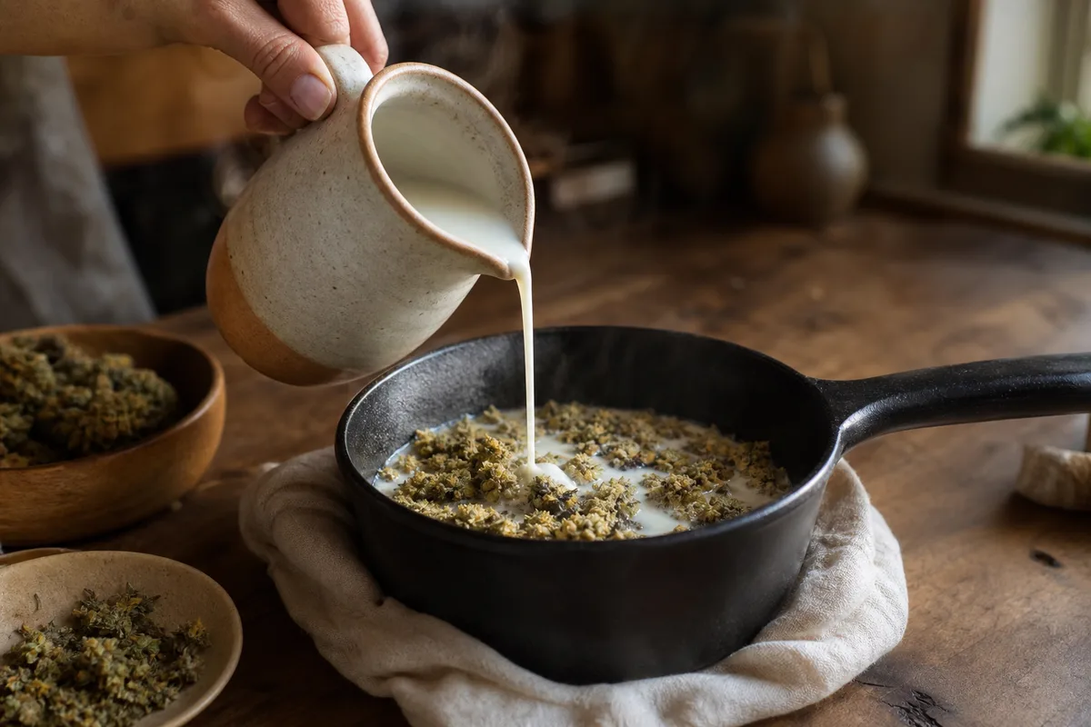 Filet de lait entier versé par une main dans une casserole de fonte où mijotent des fleurs de chanvre