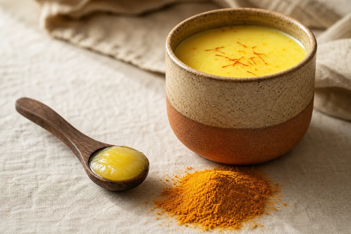 Cuillère de bois chargée de ghee doré posée près d&rsquo;un monticule de curcuma et d&rsquo;une tasse de lait chaud