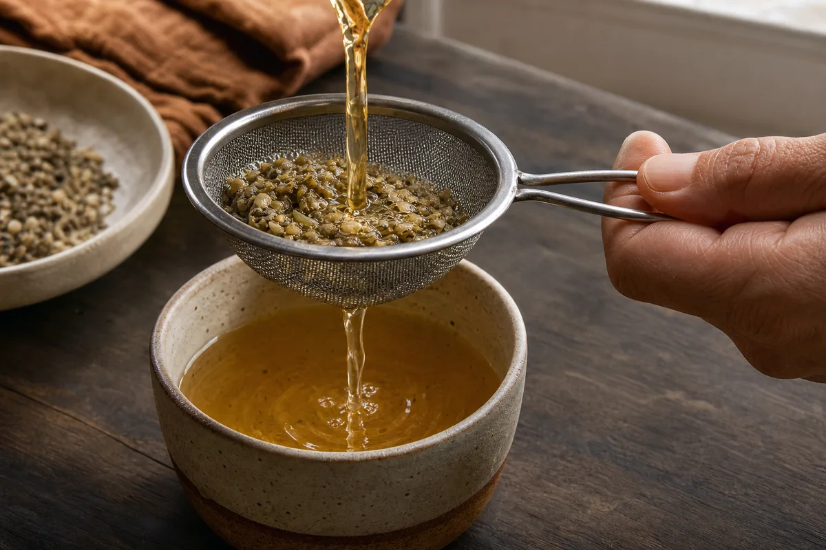 Infusion dorée filtrée à travers une passoire fine au-dessus d&rsquo;une tasse de grès brut