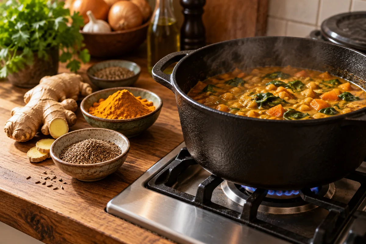 Casserole en fonte sur une cuisinière, épices en grains et racine de gingembre posées à côté, lumière chaude de cuisine
