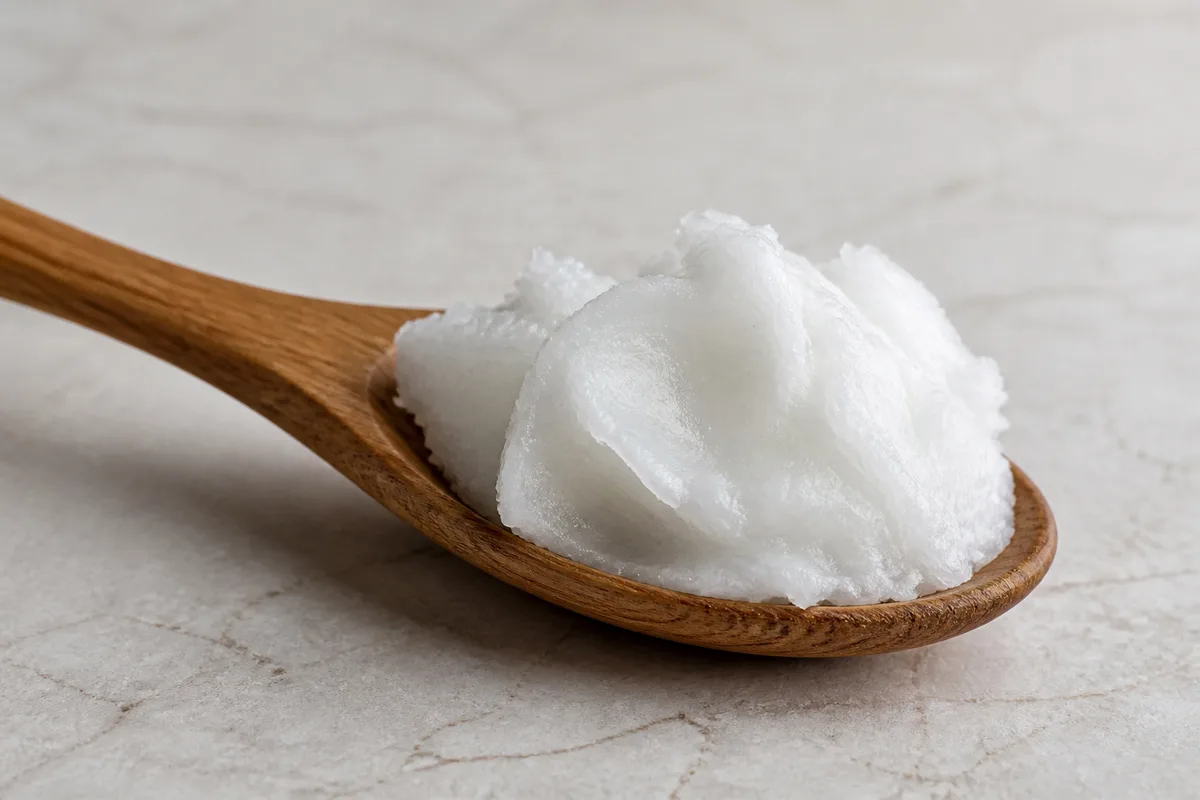 Cuillère en bois remplie d&rsquo;huile de coco blanche posée sur un plan de travail en pierre claire
