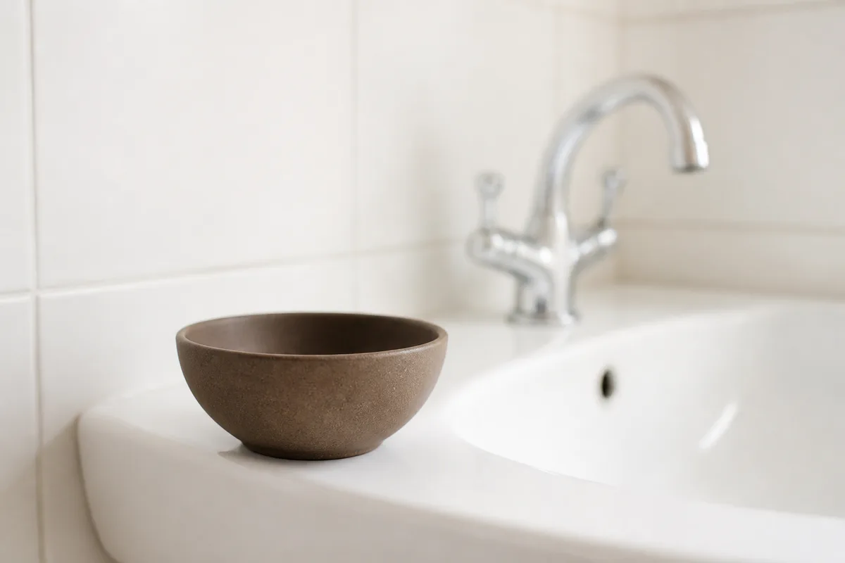 Petit bol de grès posé au bord d&rsquo;un lavabo en céramique blanche dans une salle de bain lumineuse