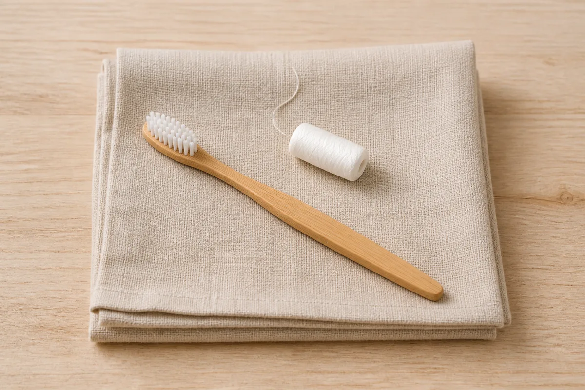 Brosse à dents à manche de bambou et fil de soie posés sur une serviette de lin beige pliée