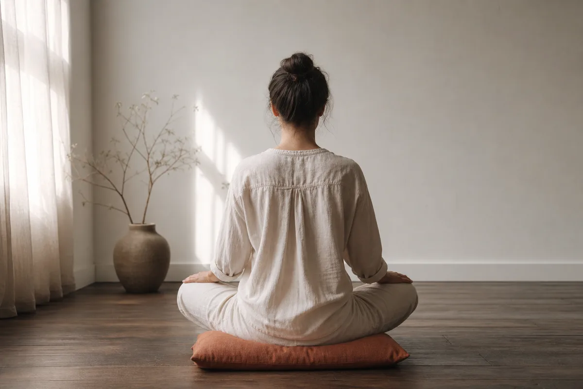 Silhouette assise en tailleur vue de dos sur un coussin de lin, les deux mains posées sur les cuisses