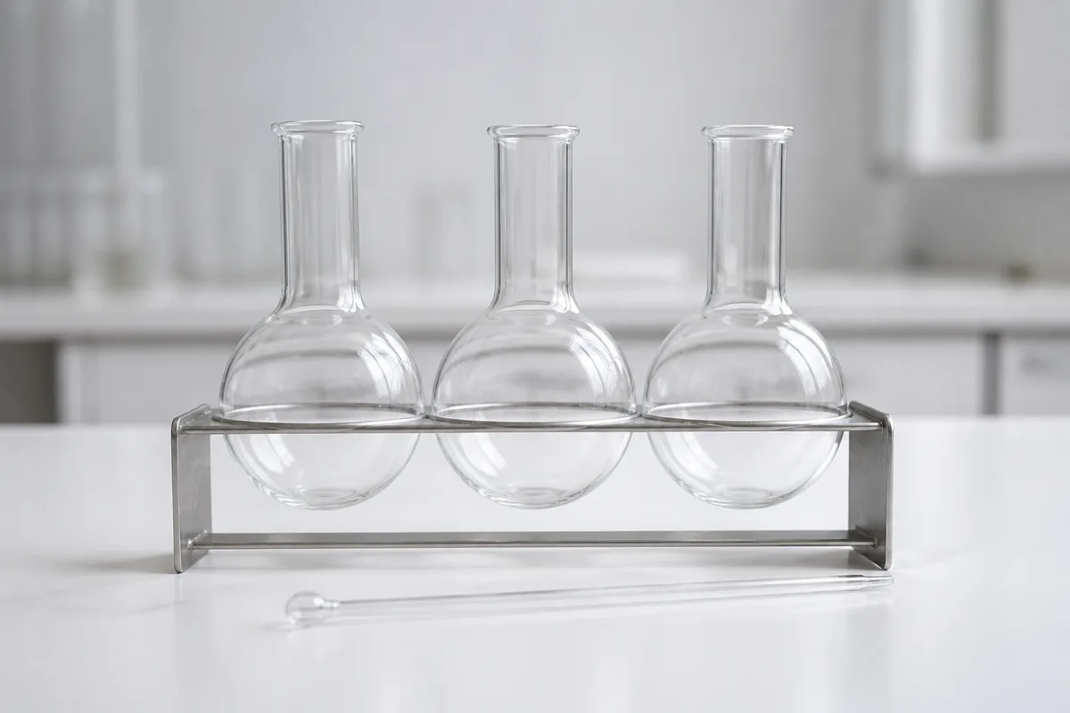 Paillasse de laboratoire blanche avec fioles en verre transparent sur un portoir métallique et pipette en verre
