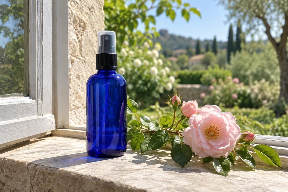 Vaporisateur en verre bleu uni posé sur un rebord de fenêtre près d&rsquo;une branche de rosier en fleur