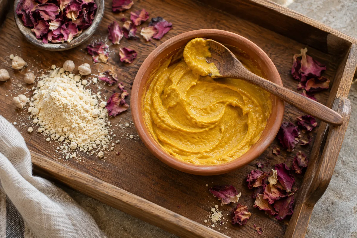 Bol en terre cuite contenant une pâte de farine de pois chiche et de curcuma, cuillère en bois et pétales de rose séchés