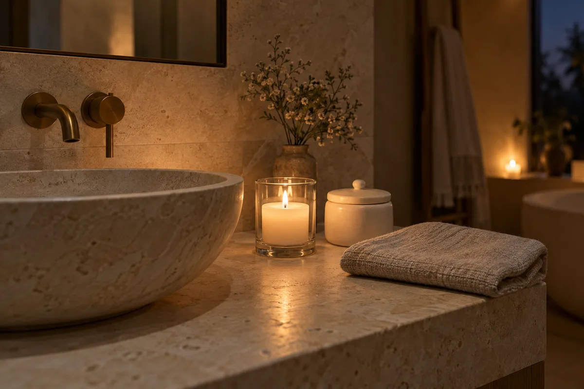Salle de bain en pierre claire le soir, bougie allumée, pot en céramique et serviette en lin pliée