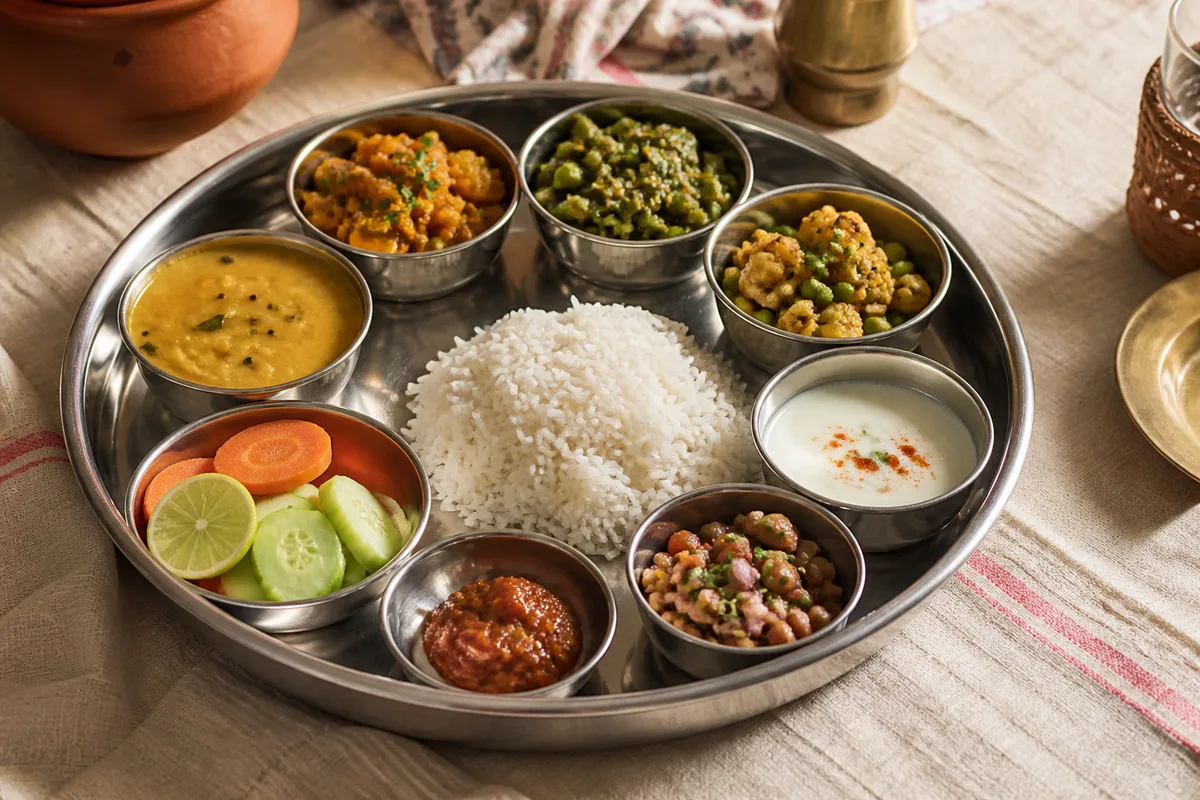 Plateau thali indien avec plusieurs petits bols de préparations différentes autour du riz