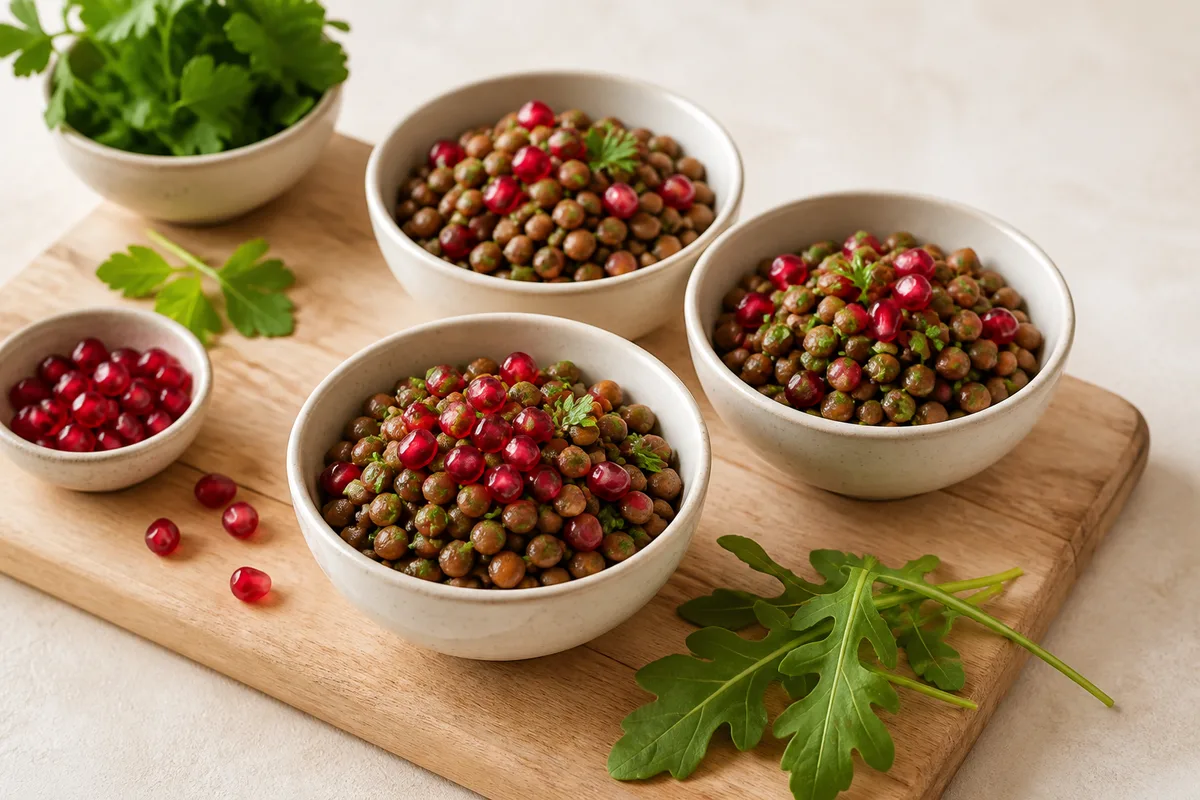 Bols de lentilles, grenade et herbes fraîches sur une planche en bois clair